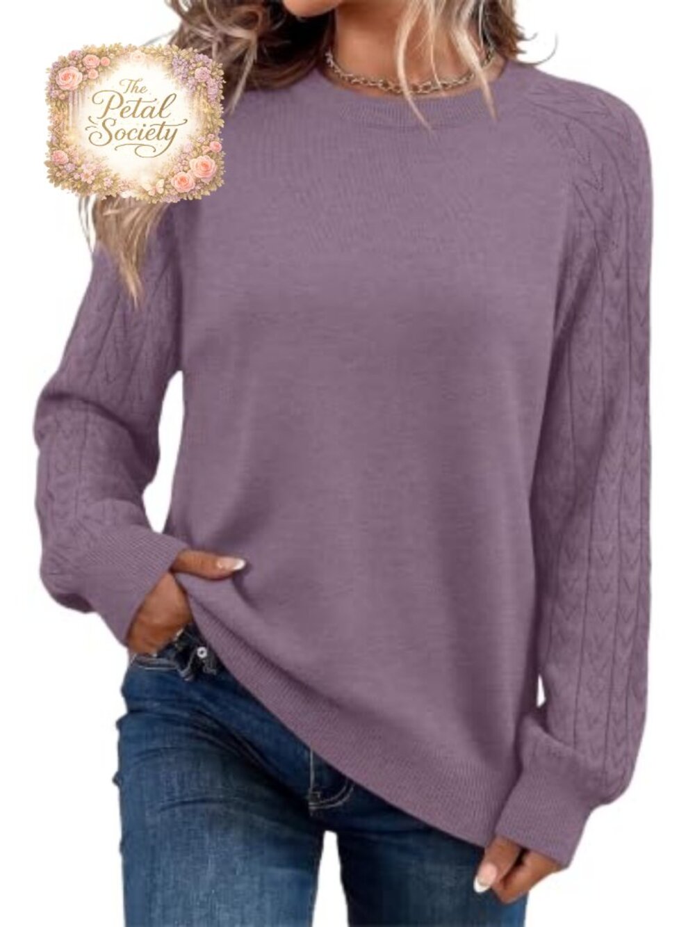 Lightweight Knit Hollow Out Sleeve Crew Neck Pullover Sweater Womens